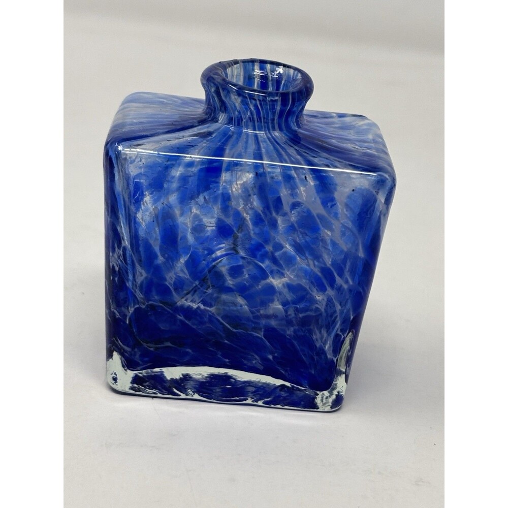 Cobalt Blue White Spatter Art Glass Bud Vase Square Block 3” Tall